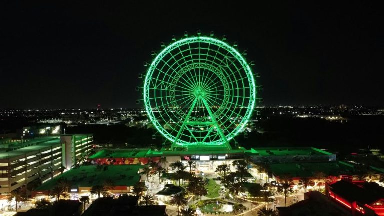 Green Ferris wheel illuminated at night