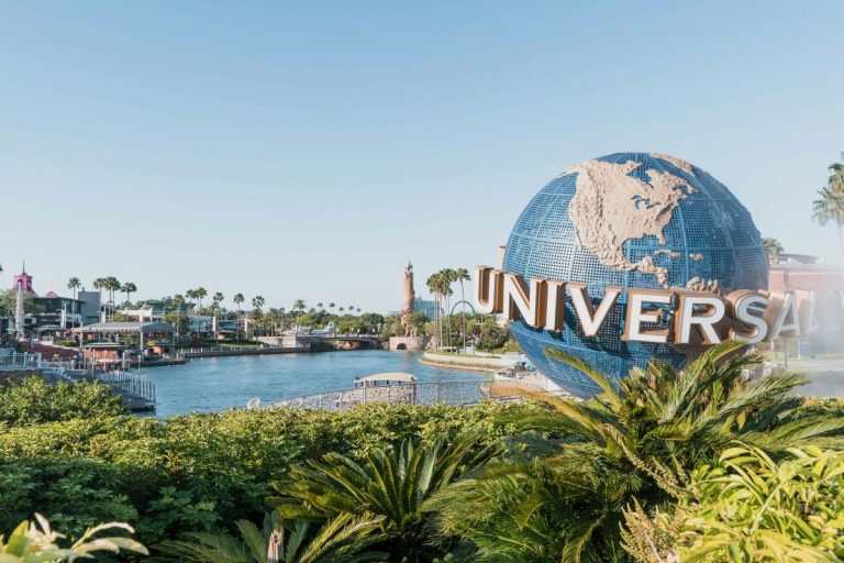 Universal Studios globe with palm trees