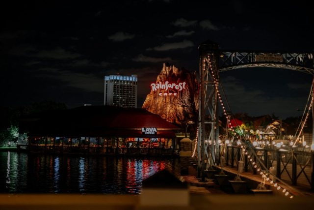 Nighttime view of Rainforest Cafe