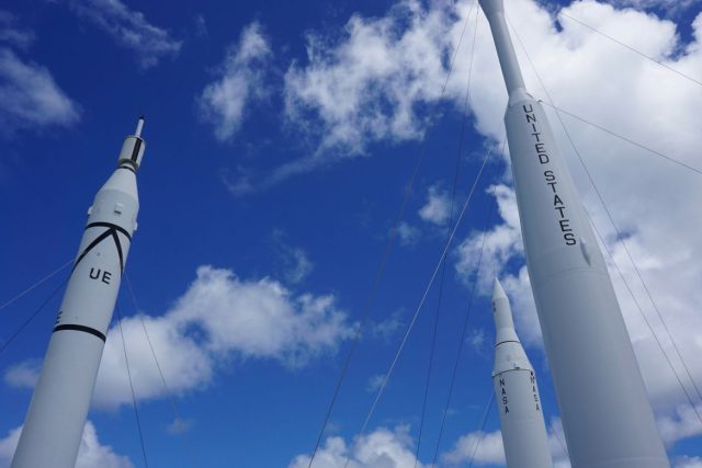 Rockets against a blue sky.