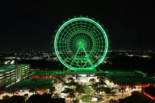 Green Ferris wheel illuminated at night